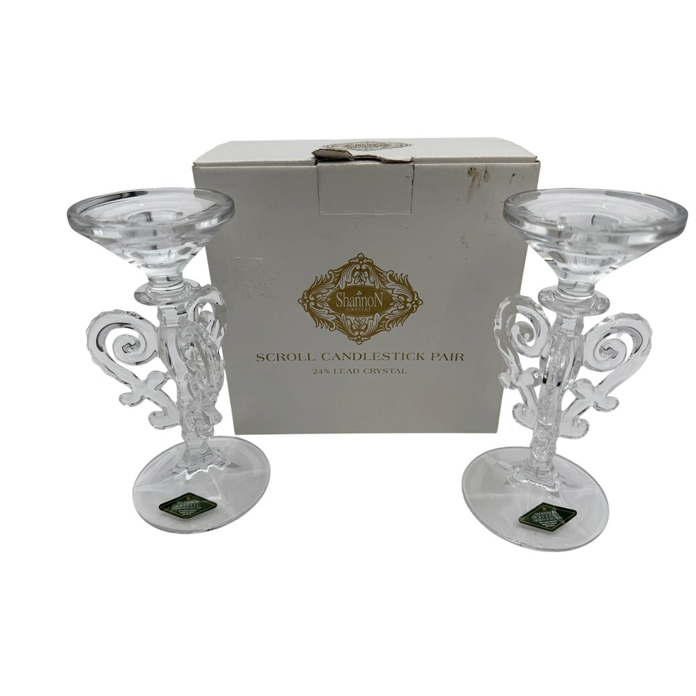 Shannon Crystal Scroll Candlestick Pair 24% Lead Crystal Set of 2 Czech Republic